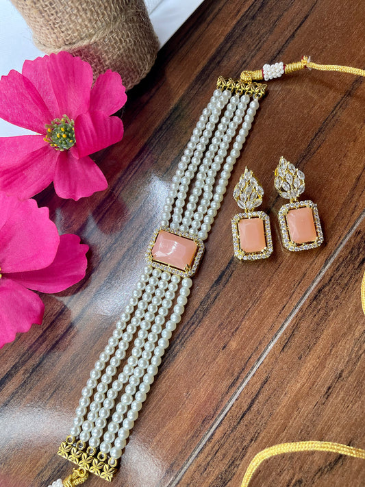 Pearl Monalisa Choker, Earrings Set- Peach