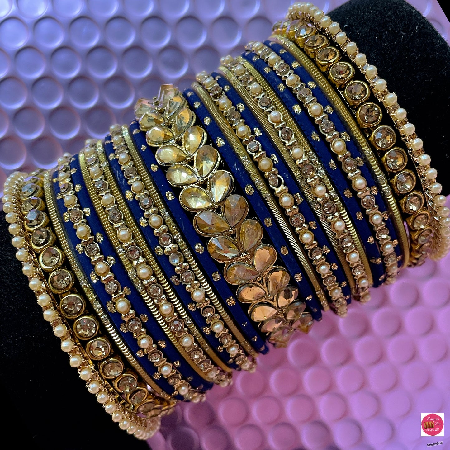 Kundan Pearl Metal Bangles Set- Navy Blue