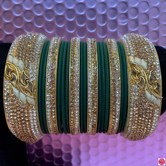 Gold & White Diamante Bangles Set- Green