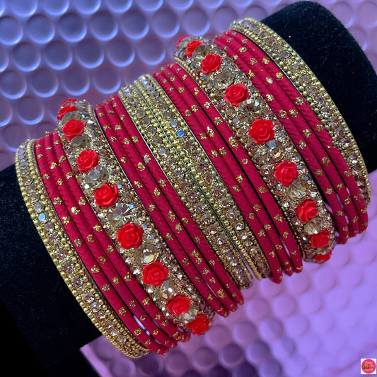 Red & Gold Flower Metal Bangles Set