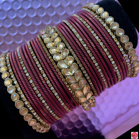 Kundan Zirconia Metal Bangles Set- Maroon