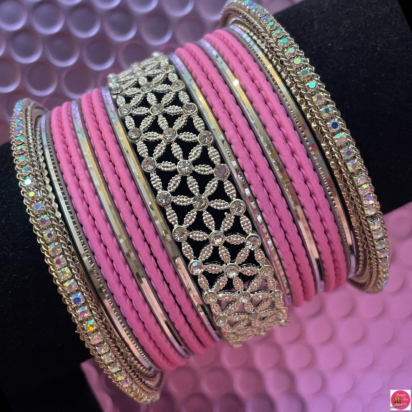 Silver Stone Metal Bangles Set- Pink