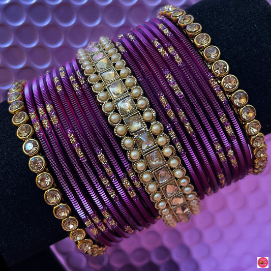 Kundan Metal Bangles Set- Plum Purple