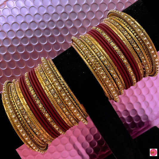 Pearl Gold & Maroon Metal Bangles Set