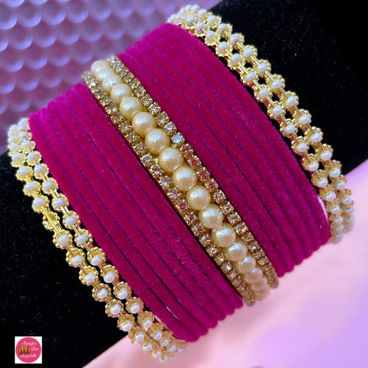 Pearl Zirconia Velvet Bangle Set- Hot Pink