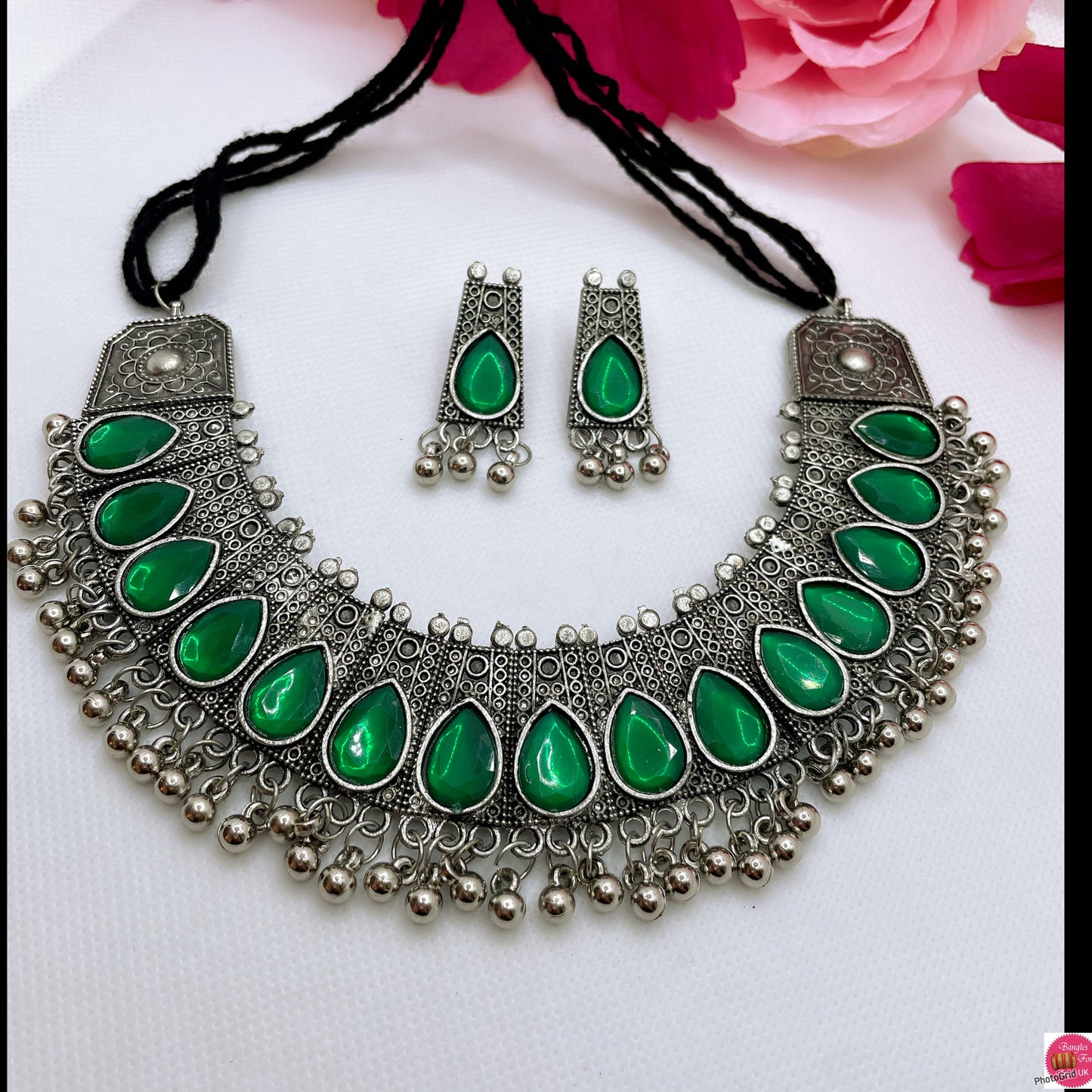 Oxidised Necklace & Earings Set- Green