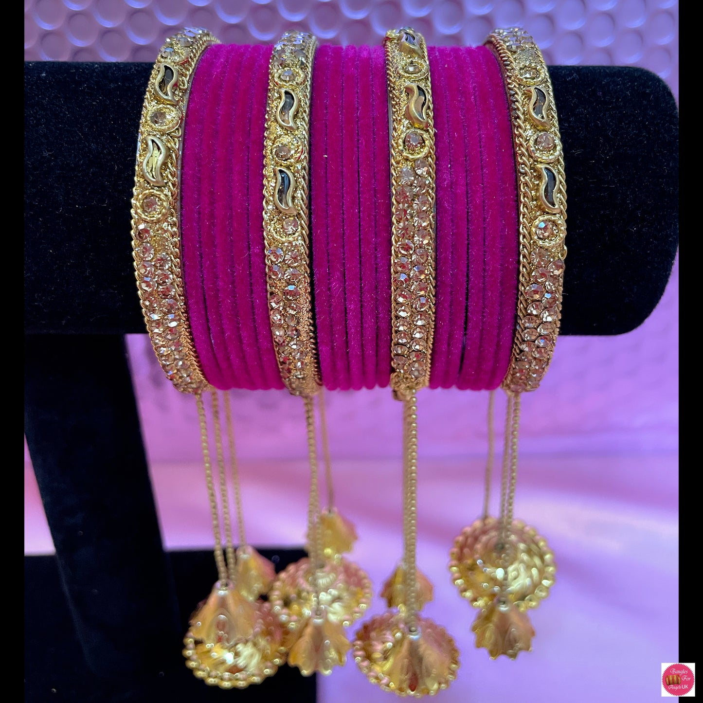 Gold Hanging Velvet Metal Bangle Set-Hot Pink