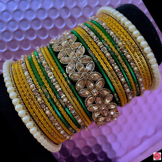 Kundan Pearl Metal Bangles Set- Mustard Yellow/Green