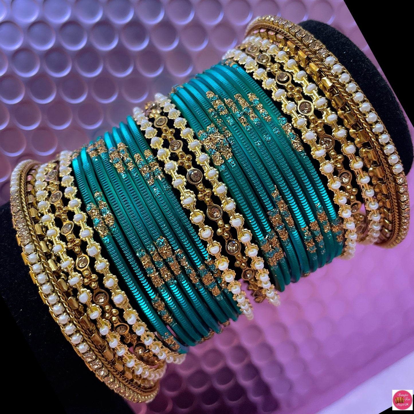 Pearl & Gold Metal Bangles Set- Sea Green