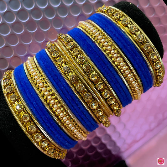 Gold Pearl Metal Bangles Set- Velvet Blue