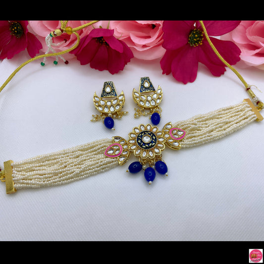 Kundan Pearl Choker & Earings Set- Blue