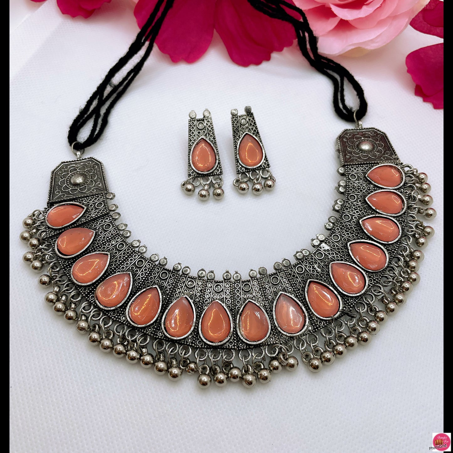 Oxidised Necklace & Earings Set- Peach