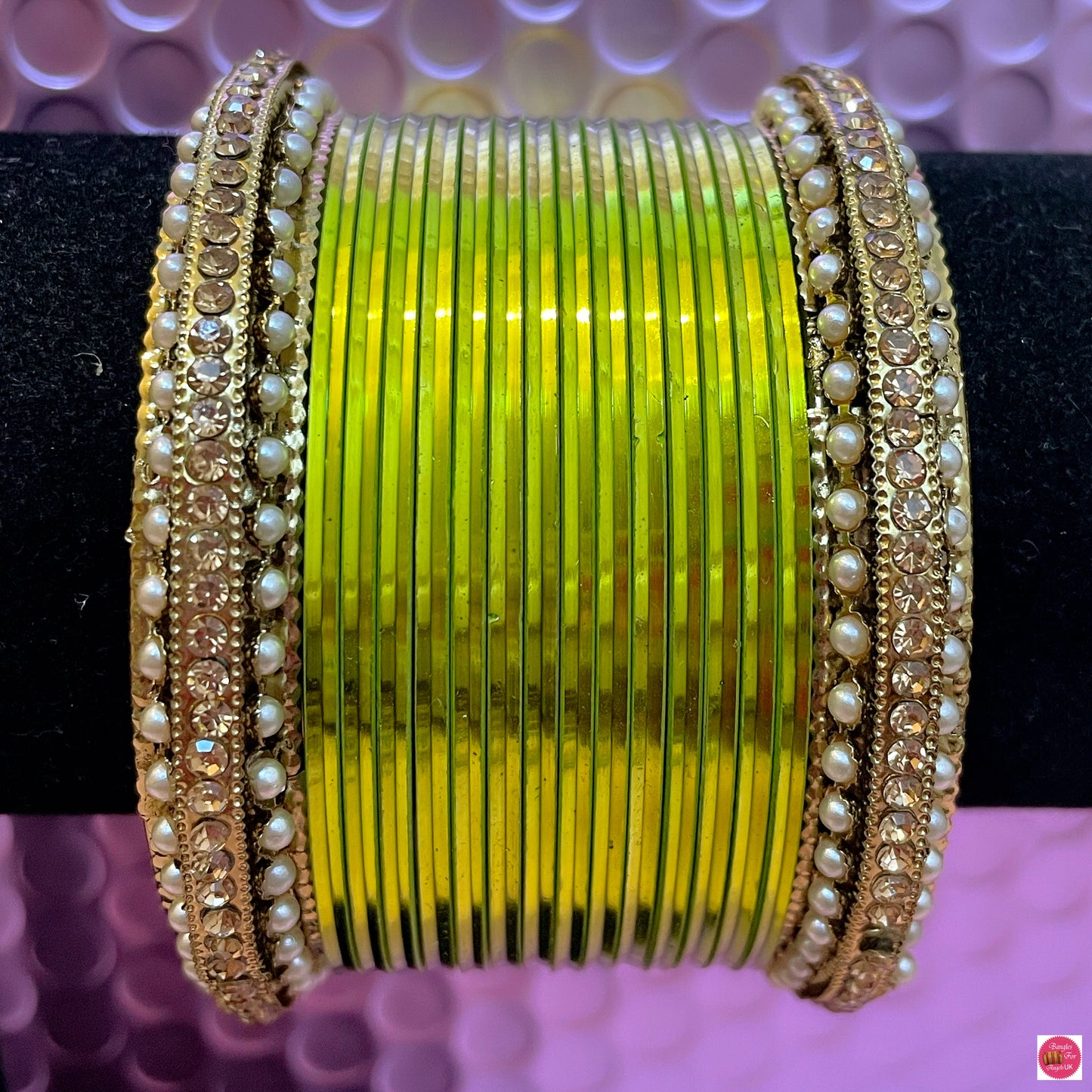 Pearl Metal Bangles Set- Lime/Mehendi Green