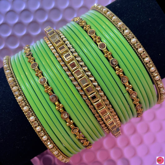 Gold Metal Bangles Set- Lime Green