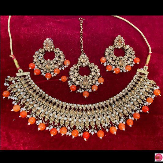 Kundan Gold Necklace, Earrings & Maang Tikka Set- Orange