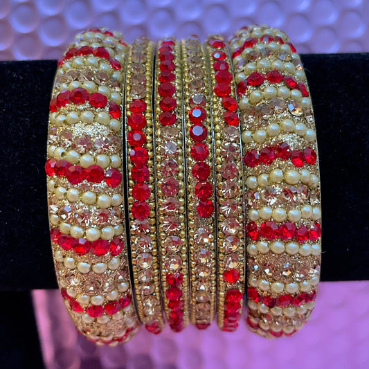 Red & Gold Metal Bangles Set- Size 2.4