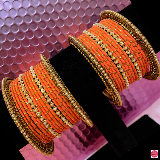 Pearl Metal Bangles Set- Coral/Orange