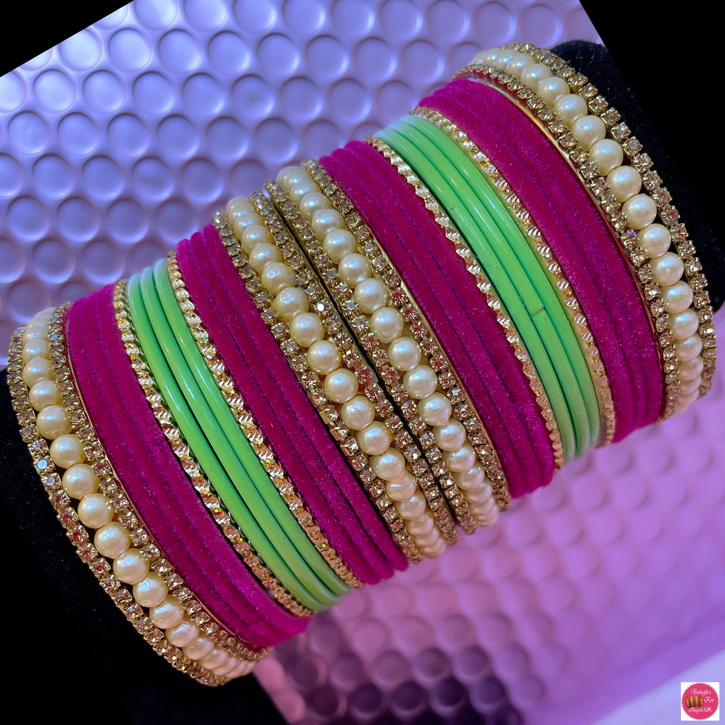 Pearl Zirconia Velvet Bangle Set- Hot Pink & Lime Green