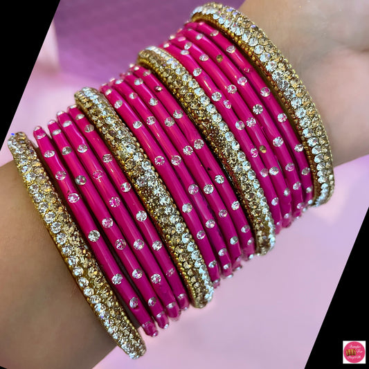 Pure Gold & Hot Pink Glass Bangles Set