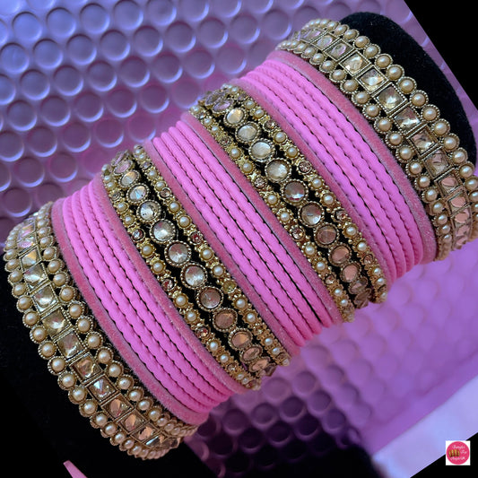 Kundan/Pearl Metal Bangles Set- Baby Pink