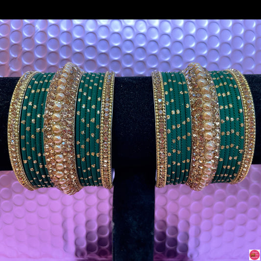 Gold Metal Bangles Set- Green