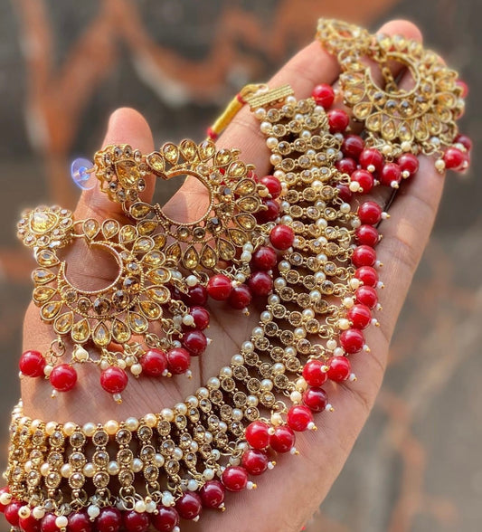 Kundan/Polki Necklace, Earings & Maang Tikka Set- Maroon