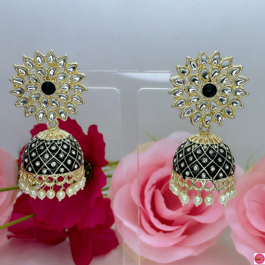 Nargis Kundan Tassle Drop Jhumka Earings- Black