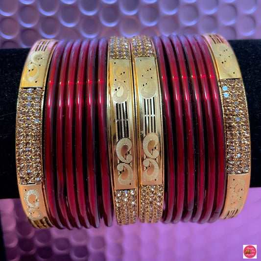 Gold Metal Maroon Glass Bangles Set