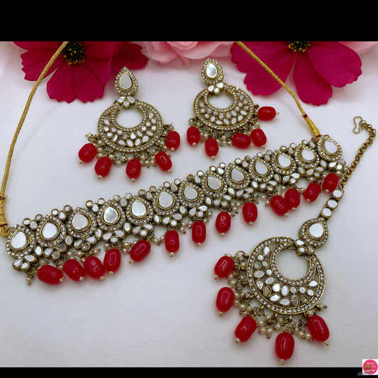 Mirror Pearl Choker, Earings & Maang Tikka Set- Red