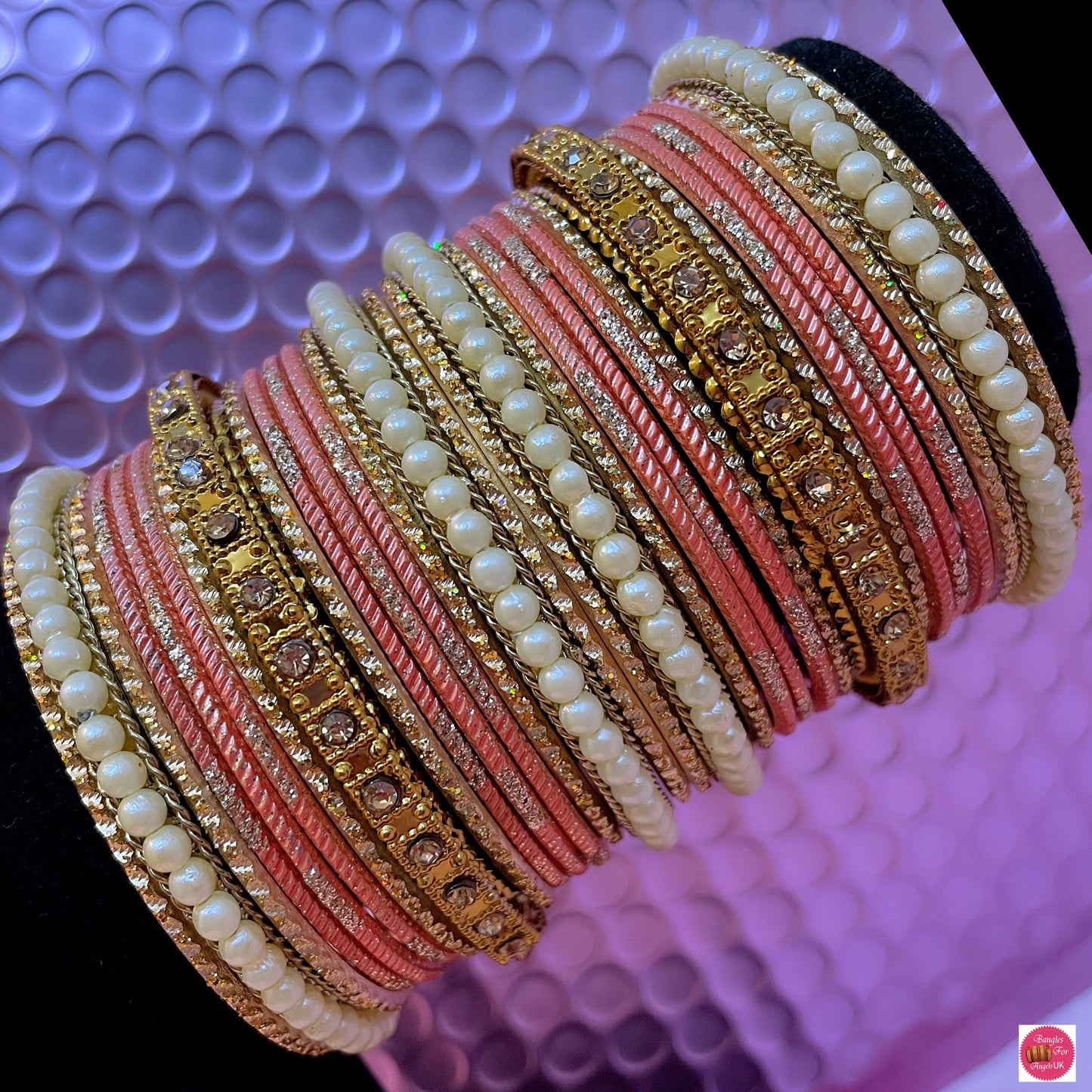 Pearl Metal Bangles Set- Peach