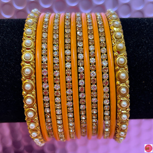 Pearl Zirconia Metal Bangle Set- Turmeric Yellow