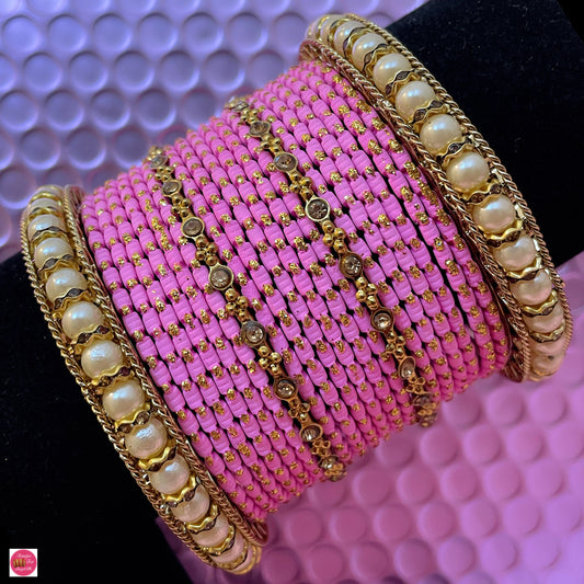 Pearl Metal Bangles Set- Pink