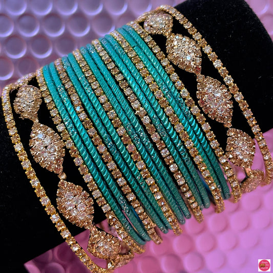 Zirconia Stone Metal Bangles Set- Cyan