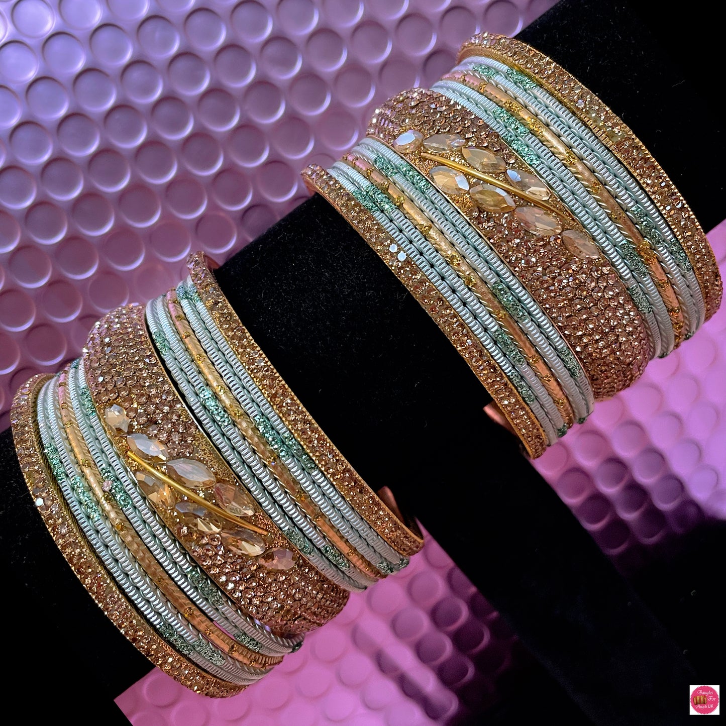 Gold Zirconia Metal Bangles Set- Mint Green