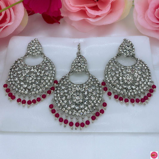 Silver Maang Tikka & Earings Set- Red