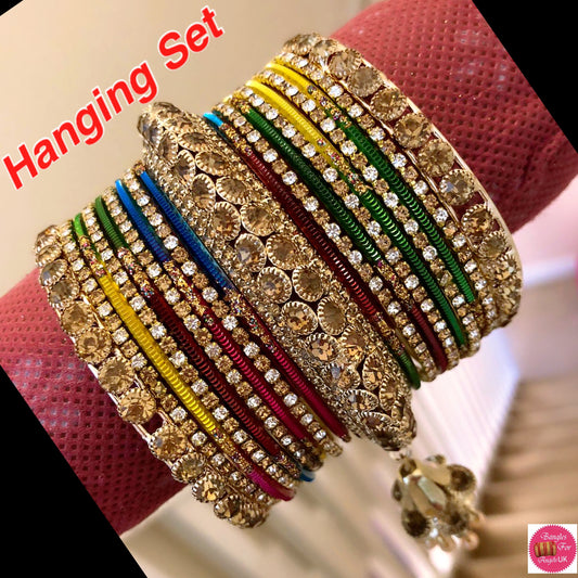 Gold Zirconia Hanging Metal Bangles Set- Multicoloured