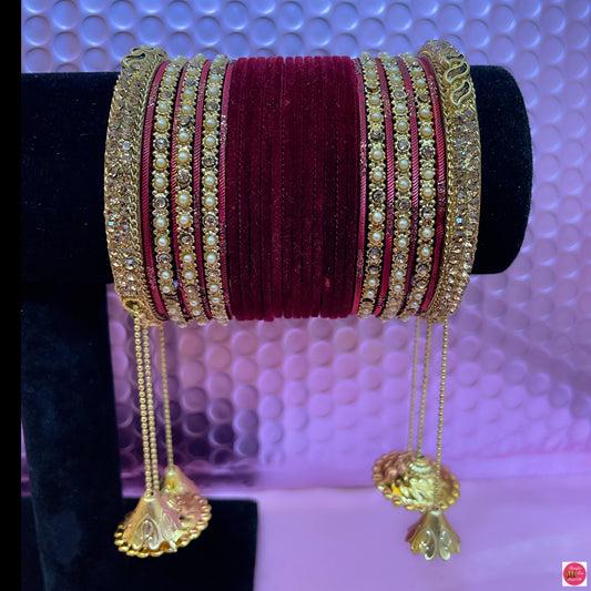 Gold Hanging Metal Velvet Bangles Set- Maroon