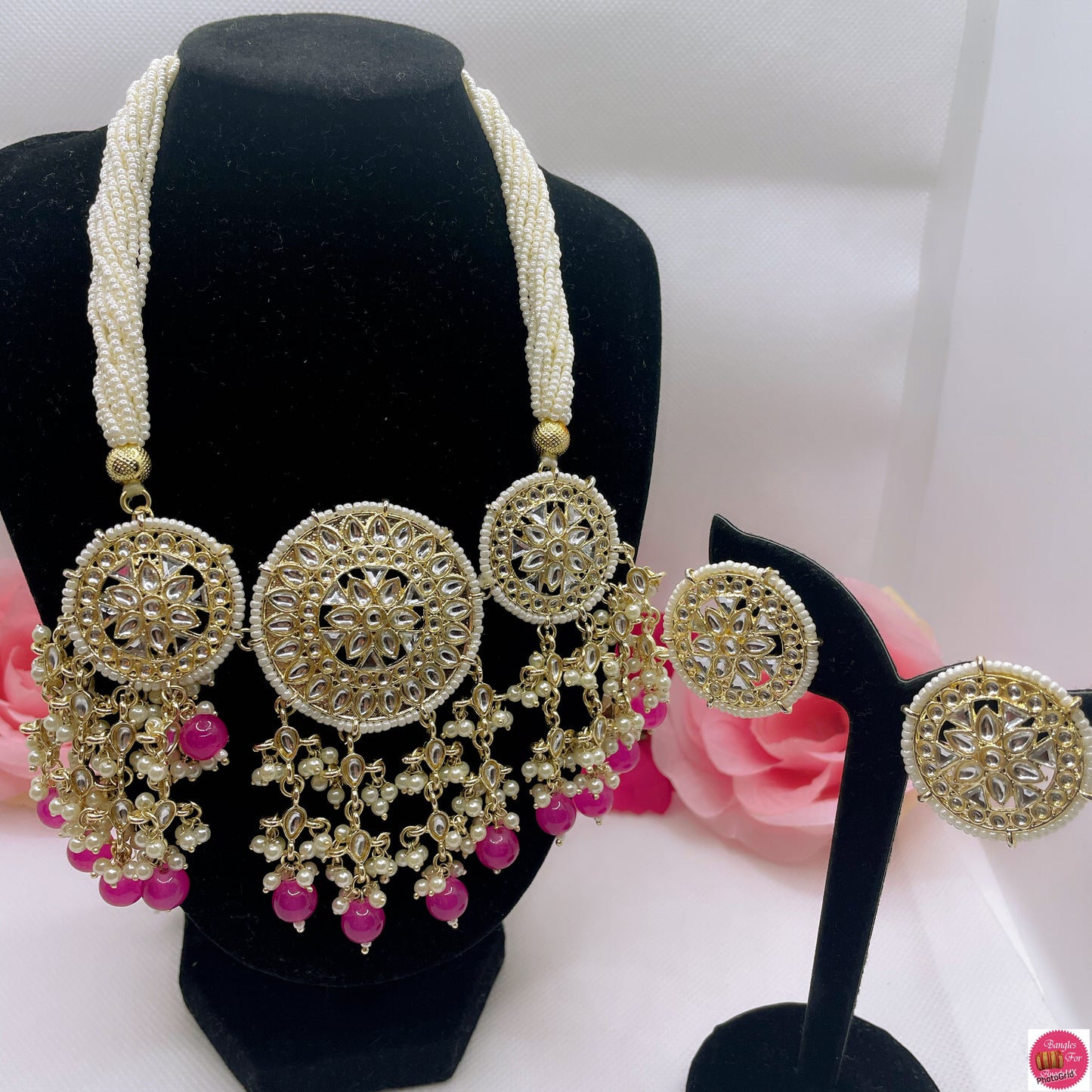 Kundan Gold Pearl Necklace & Earings Set- Fuschia