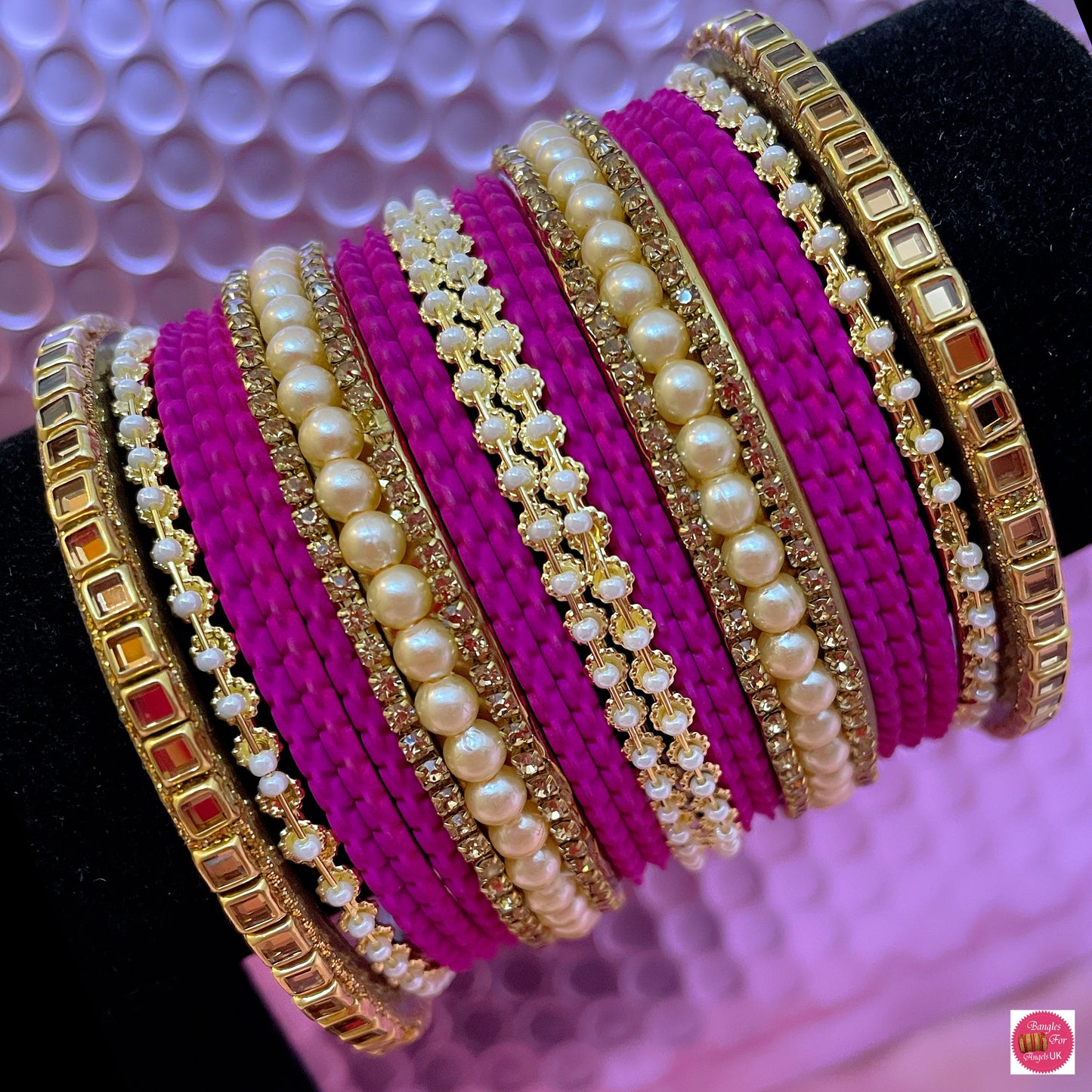 Kundan Pearl Metal Bangle Set- Hot Pink