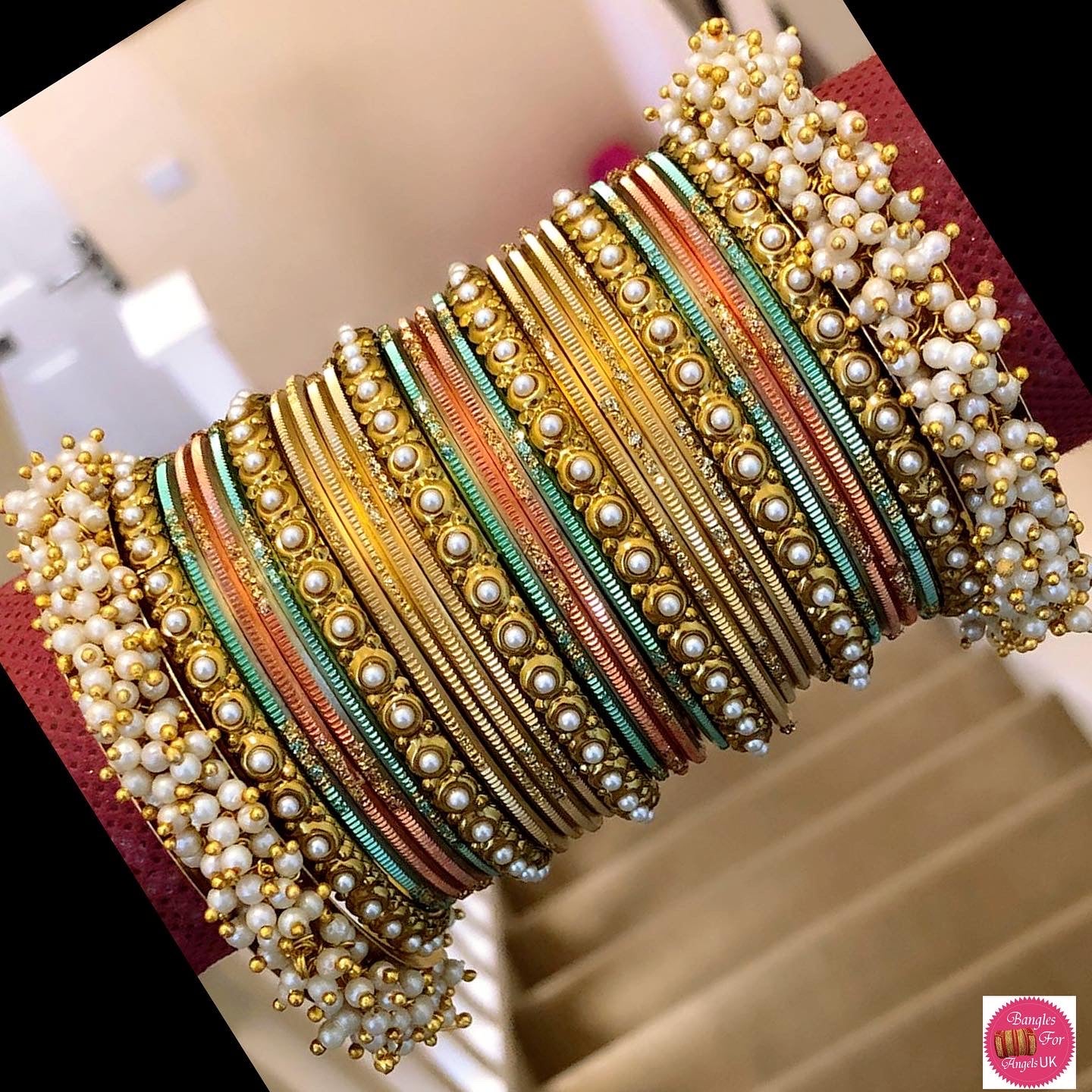 Pearl Peach & Gold Metal Bangles Set