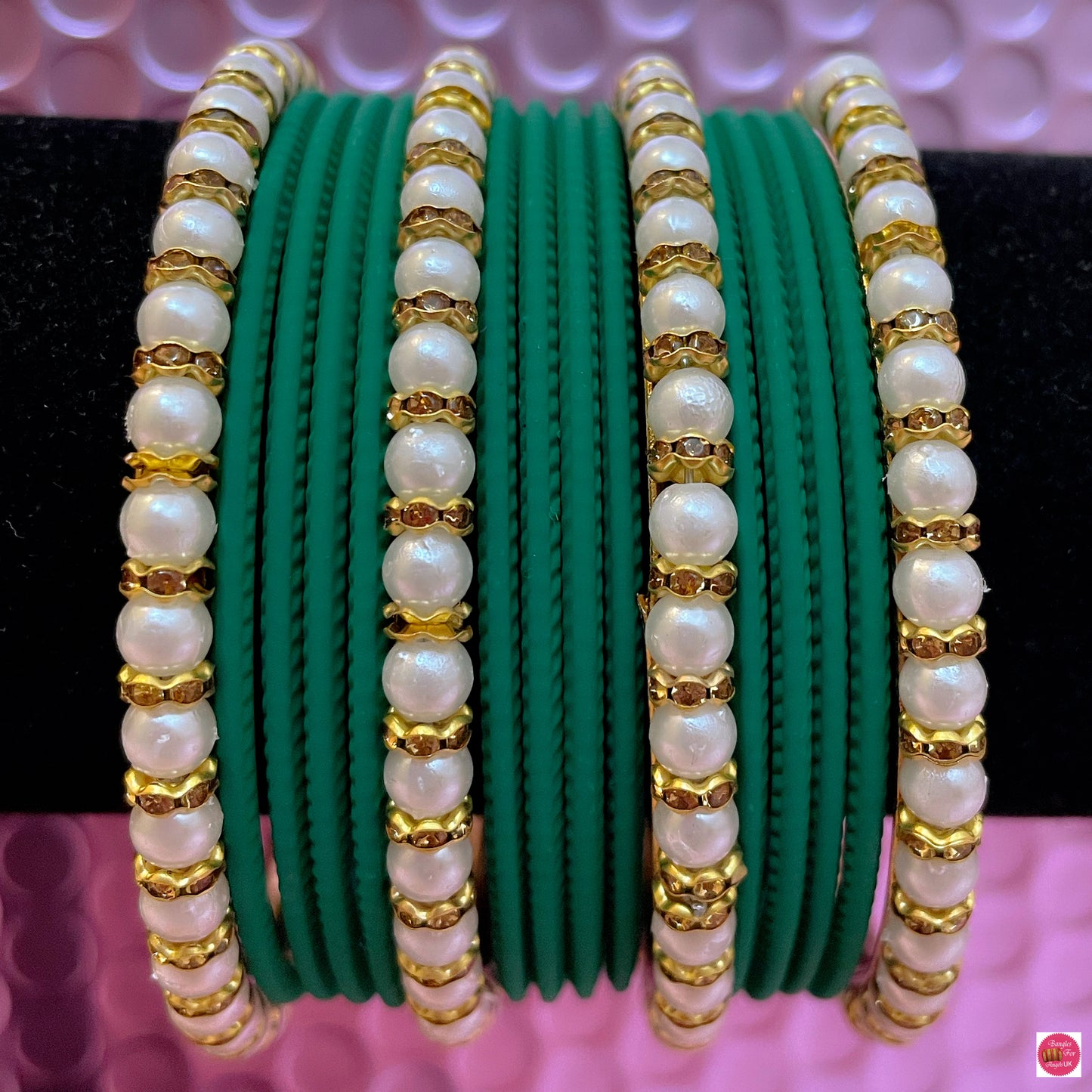 Pearl Metal Bangles Set- Emerald Green