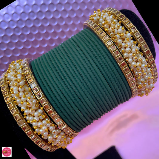 Pearl & Kundan Metal Bangle Set- Green