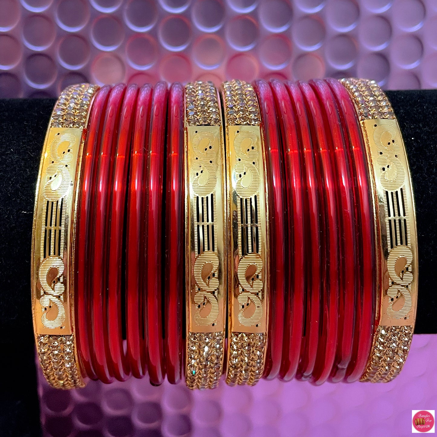 Gold Metal Red Glass Bangles Set