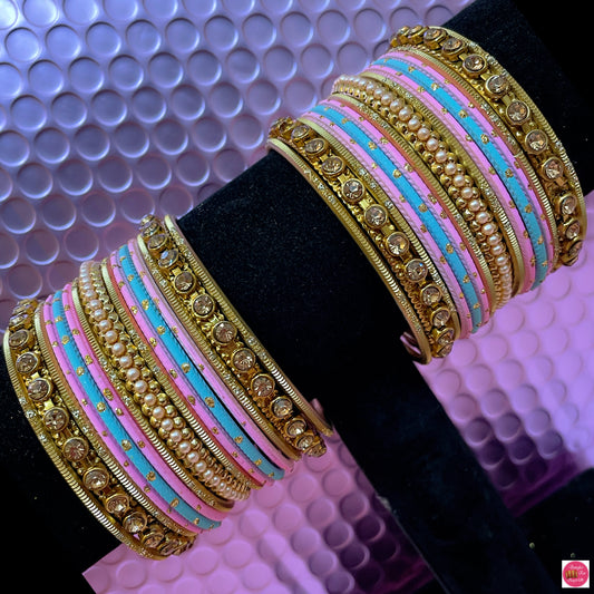 Gold Metal Bangles Set- Pink/Sky Blue