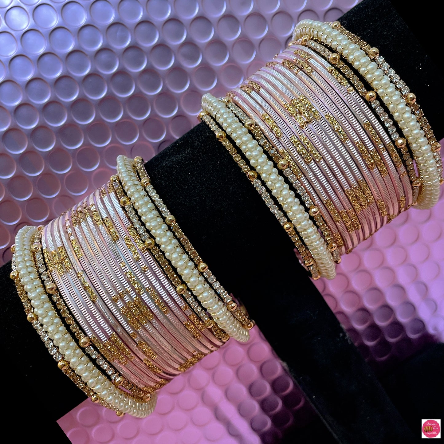 Pearl Zirconia Metal Bangles Set- Light Pink