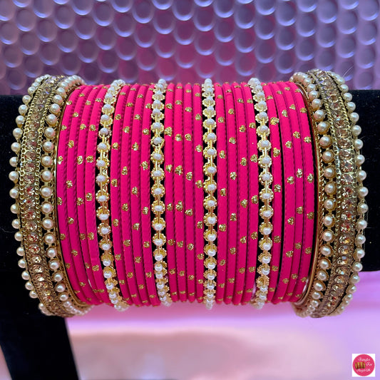 Pearl Metal Bangle Set- Pink