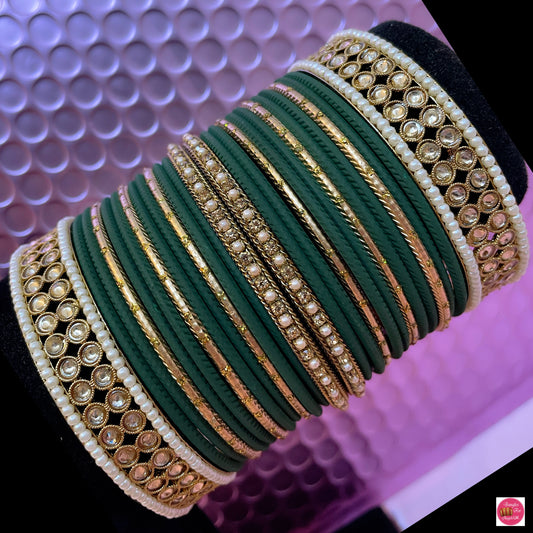 Kundan & Pearl Metal Bangles Set- Green