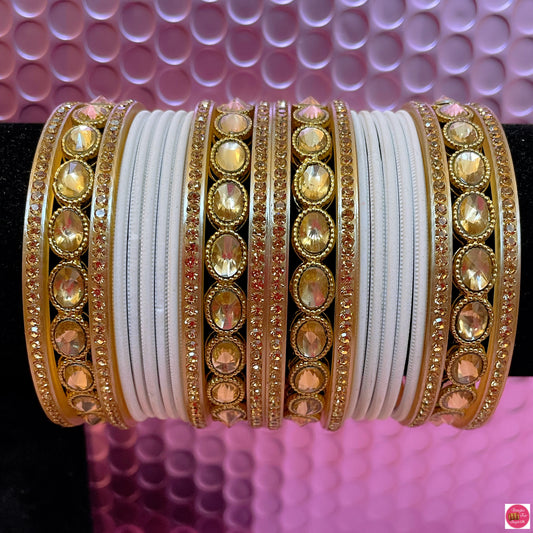 Kundan Metal Bangle Set- White