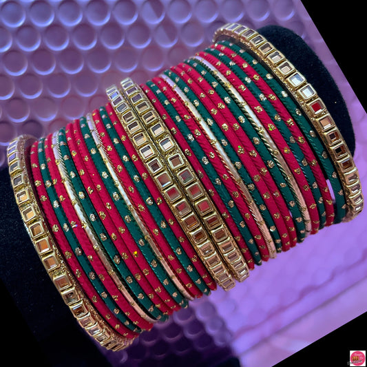 Kundan Metal Bangles Set- Red/Green