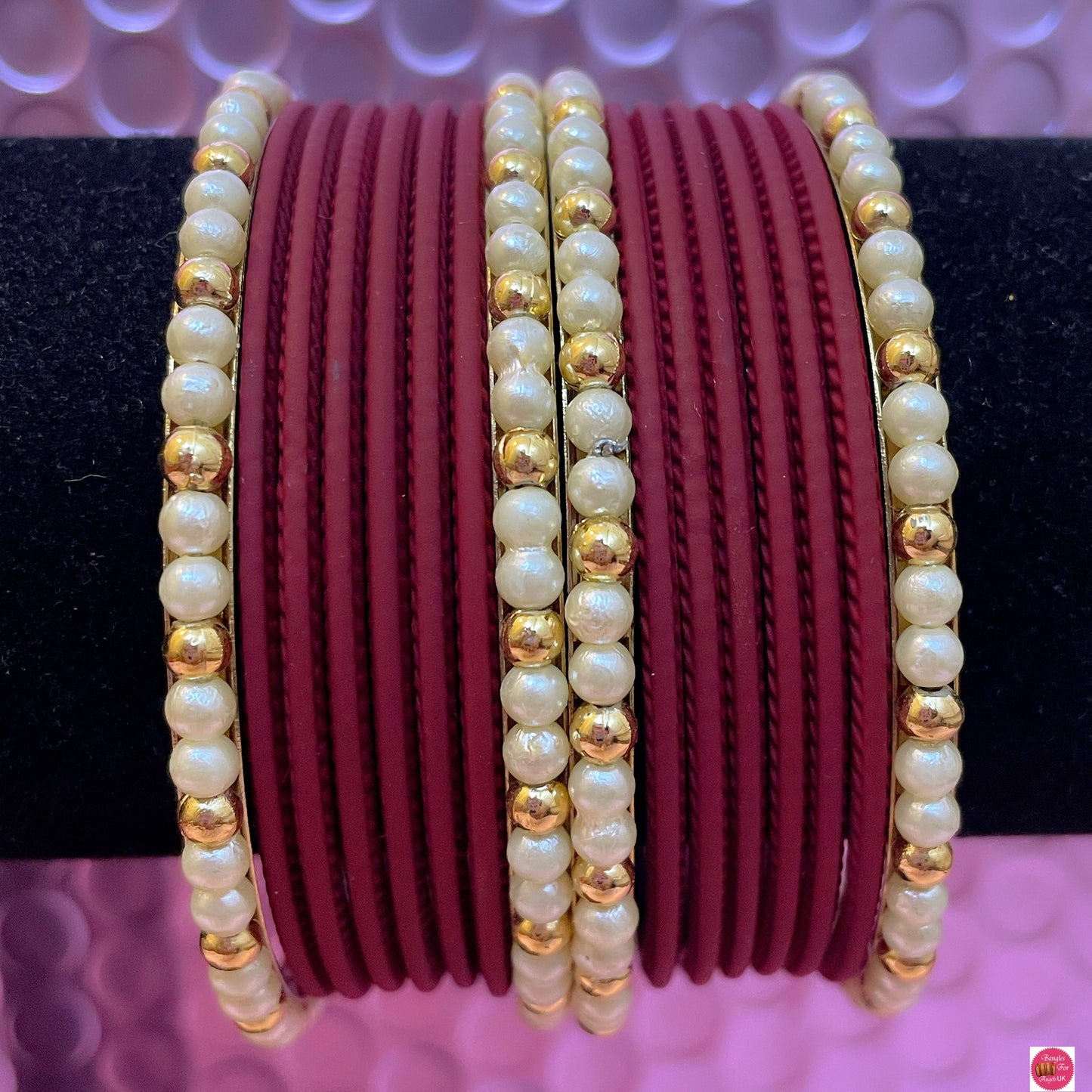 Pearl Metal Bangles Set- Maroon